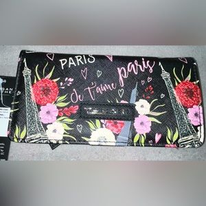 NWT TAHARI Black Leather Paris Themed Small Fold Clutch Wallet